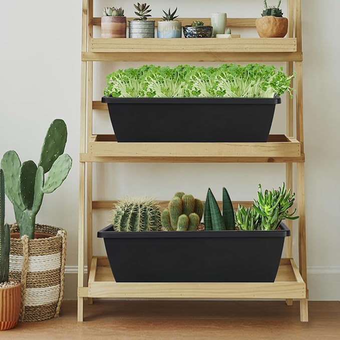 12Pcs 17Inches Rectangle Planter Box with Drainage Holes and Trays Plastic Planters Flower Boxes Pots for Indoor Outdoor Plants Patio Garden Home Decor Porch Yard (Red)