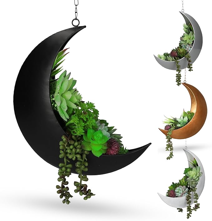 Black Hanging Moon Planter with Drain Holes - Moon Room Decor - Unique Planters for Succulents,Air Plant, Cactus, Artificial Plants- Plant Lover Gifts - Boho,Hippie, Birthdays,Witchy Gifts for Women
