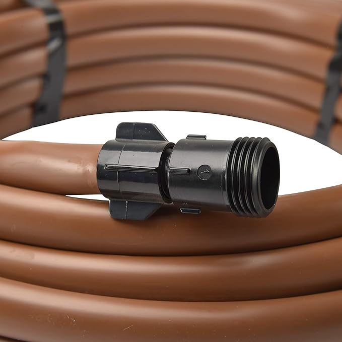 Raindrip SDT50P 5/8-Inch Drip Irrigation Supply Tubing, 50-Foot, with Hose Thread Swivel Adapter and End Plug, for Irrigation Drippers, Drip Emitters and Drip Systems, Made with polyethylene, Brown