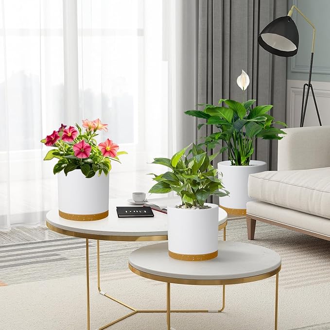 12/10/8 inch Large Flower Pots, 3 Pack Cylinder Deep Plant Pots for Outdoor Indoor Plants, Tall Plastic Planters with Drainage Holes and Saucers for Garden House Plants, White with Brown