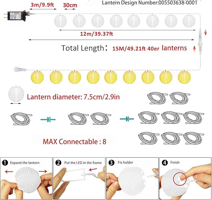 OMIKA Lantern String Lights Plug in- 40ft 40LED 2700K Warm White Mini Lantern Lights Waterproof, Hanging Hemp Rope String Lights Indoor Outdoor with Remote, Timer for Porch Fence Balcony Party Trees