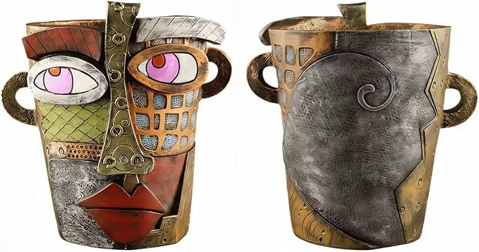TOZLU Picasso Brutalist Abstract Beauty Face Flower Pot Ornaments Abstract Face Flower Pots Abstract Head Planter Pots Container Colorful Face Art Abstract Resin Flower Pot (Retro Big)