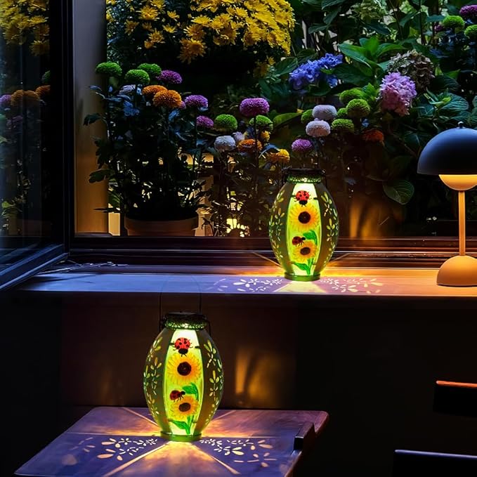Sunflower Solar Lanterns Outdoor Waterproof,Hanging Solar Lantern,Sunflower Lanterns Decorative Outdoor,Glass & Metal Solar Lights for Tabletop Patio Porch Decor