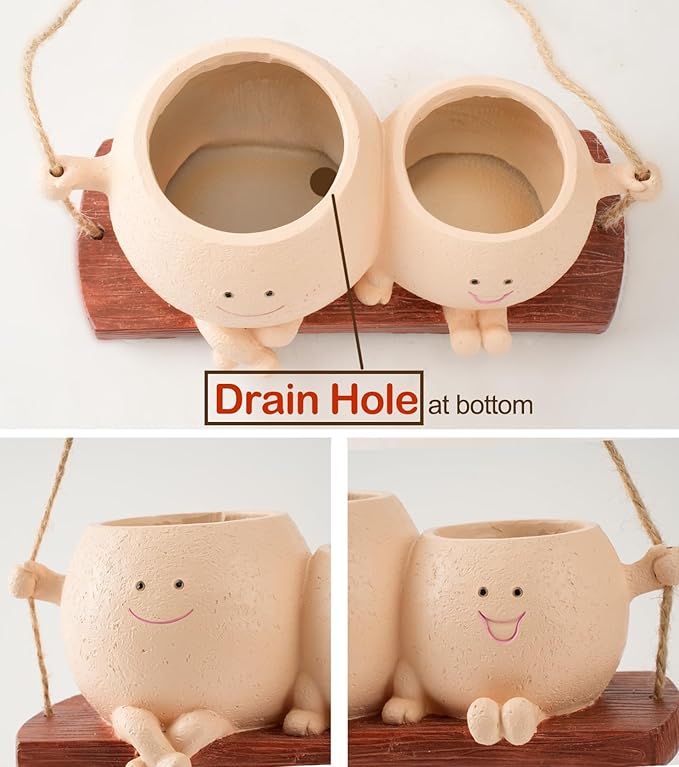 Cute Couple Swing Planter with Smiley Face,Couple Planter Pot,Hanging Swing face Pot,Hanging Plant Pot for Indoor Outdoor Plants, (Khaki)
