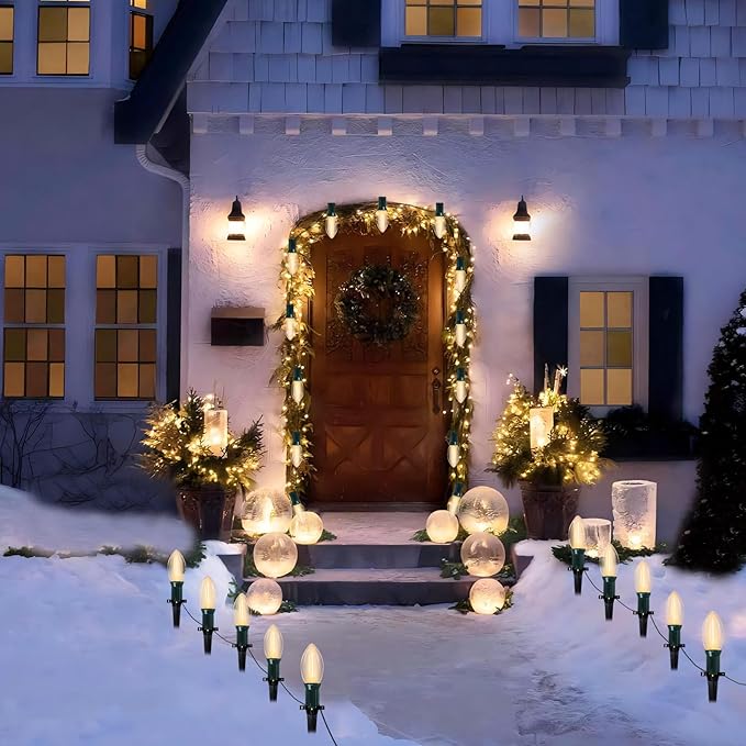 38Ft C9 Led Christmas Pathway Lights Outdoor, 25 C9 LED Warm White Bulbs String Lights Waterproof with Stakes, Connectable Christmas Walkway Lights for Outdoor Yard Lawn Sidewalk Driveway Decor