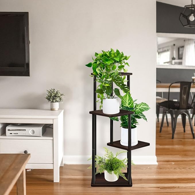 4 Tier Wood Tall Plant Stand Metal Rack Indoor, Multiple Flower Pot Holder Shelves Corner Rack, Planter Shelf Display Rack Storage Organizer for Patio Living Room Balcony Garden(Black Oak)