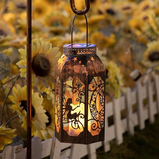 Solar Lanterns Outdoor Hanging Metal Bronze Moon Fairy Lantern, 1 Pack Waterproof Flickering Flameless Candle Mission Lights for Table,Pathway,Garden Gifts for Women, Mothers' Day Gift
