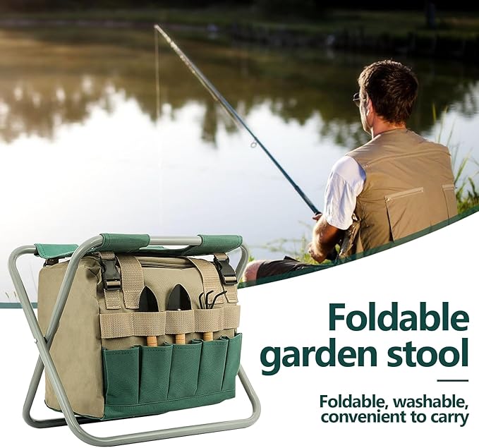 Folding Gardening Stool with Detachable Storage Tote Bag, Multifunctional Gardening Tools Set Organizer for Fishing and Camping,Portable Garden Chair Seat for Adults - Without Tools