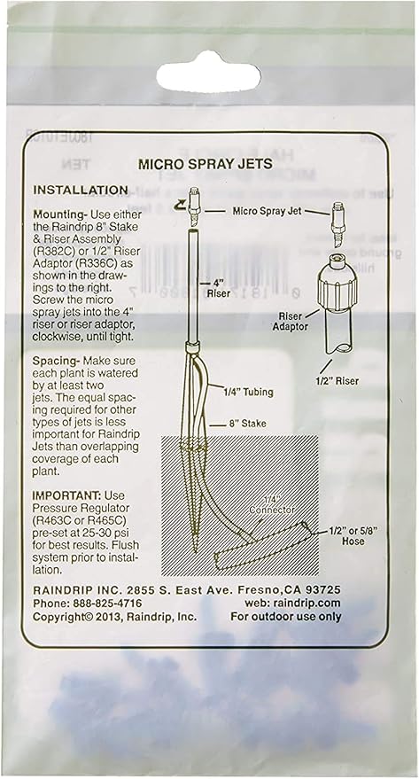 Raindrip 180JET010B, Micro Spray Jet, Half-Circle Pattern, Fan Spray, with 10-32 Threaded Inlet, Drip Irrigation Emitters for Drip Irrigation Gardening Systems, 10-Pack, Blue