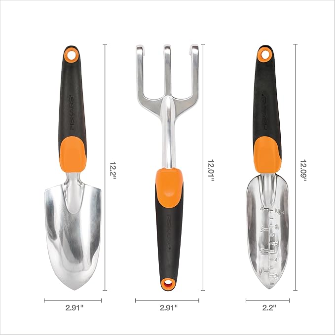 Fiskars 3-in-1 Garden Tool Set - Trowel, Transplanter, Cultivator for Gardening - Lawn and Garden Tools - Black/Orange