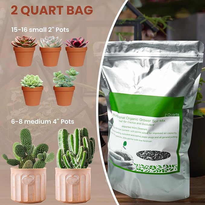 Succulent Cactus Potting Soil Mix (2 qt), All-Purpose Garden Soil for Indoor Outdoor Plants, Quick Drain Houseplant Orchid Bonsai Soil, Ready-to-Use Perlite Soil, Resealable Bag Design