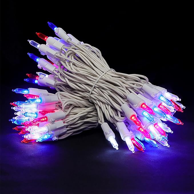 Red White and Blue Christmas LED Lights - 2 Pack 100 Count 4th of July Mini String Lights for Tree, Party, Memorial Day Decorations, 2 Sets 33 Feet White Wire, UL Certified, Connectable