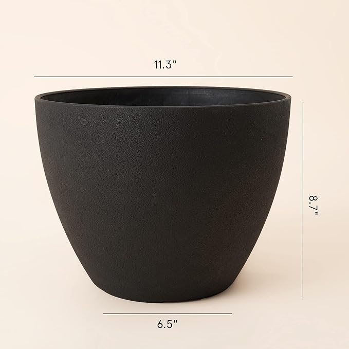 LA JOLIE MUSE Outdoor Planter Flower Pots Outdoor- 11.3 Inch Planter with Drainage for Indoor Outdoor Plants Flowers, Black, Set of 2