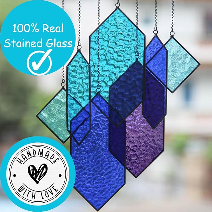 Stained Glass Window Hanging Sun Catchers Indoor Window Decor Azure Dream Stained Glass Panels Handcrafted Preassembled Vivid Real Stain Glass Art Reconfigurable