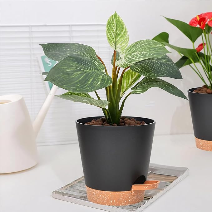 Planters for Indoor Plants 7/6.5/6/5.5/5 Inch, Self Watering Flower Pots with Drainage Holes and Saucers 5 Pack Plastic Pots for Plants, Succulents, Herbs, Cactus, Flower, Black