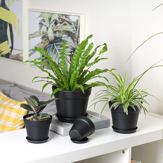 T4U 4 Inch Plant Pots 18-Pack - Small Plastic Planter with Drainage Hole and Saucer, Decorative Nursery Pot Bulk for African Violet, Snake Plant, Succulent and All House Plants Indoor (Black)