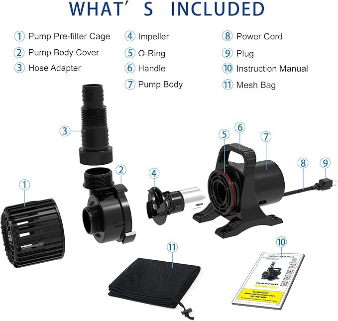 Outdoor Extra Large 13800gph-1100W 32.8FT Pond Water-fall & Kio Fish Fountain-s& Garden Pump Submersible IPX8:Long 32.8FT Cord Smart-er&Quieter Duck&Yard&Patio Ponds Pumps,1 Barrier Pump Bag