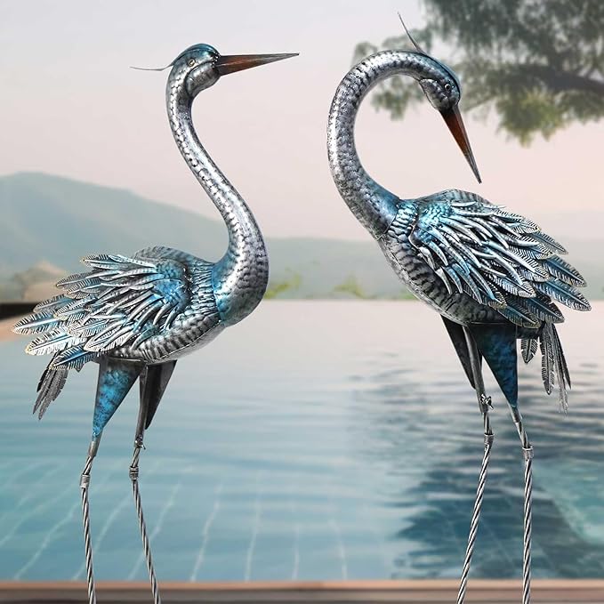 Crane Decor Statues, Blue Heron Garden Statues Metal Yard Art Outdoor Decoy, Garden Sculptures & Statues for Yard/Lawn/Pond/Outdoor Decoration, Set of 2