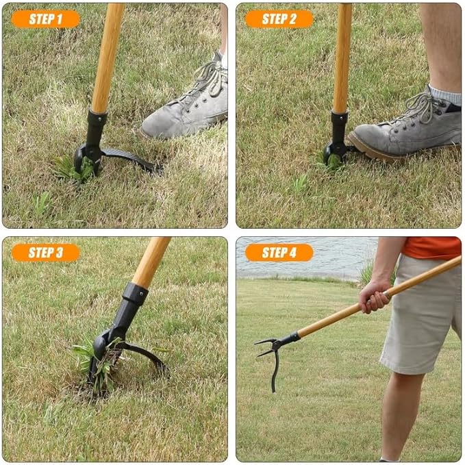 Stand Up Weed Puller Tool with Long Handle, 3-Section Bamboo Construction & 4-Claw Steel Head Design, Easily Remove Weeds Without Kneeling