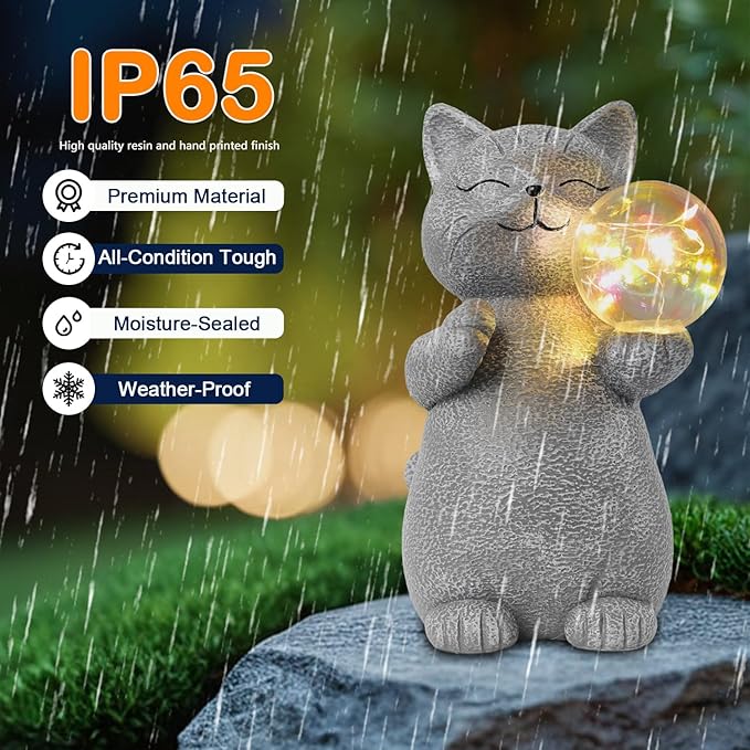 Cat Garden Statue with Solar Ball Light 7.3" Resin Cat Figurine Waterproof for Front Proch Patio Lawn Yard Balcony Decor Birthday Housewarming Gifts for Women Sister Girlfriend Grandma