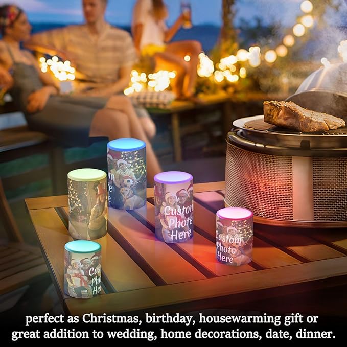Personalized Flickering Flameless Candles, Custom Photo LED Candles Set of 2, Remote Timer Battery Operated Candle for Valentine Wedding Birthday