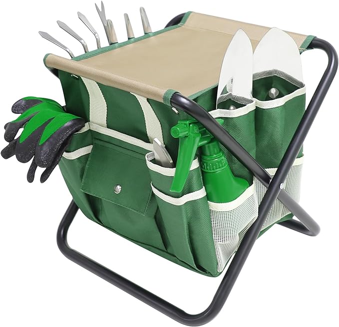 Garden Tool Set, 10 Piece Gardening Kit with Heavy Duty Folding Stool, Gardening Tools with Detachable Storage Tote Bag, Stainless Steel Garden Tools, Gardening Gifts for Women Men Green