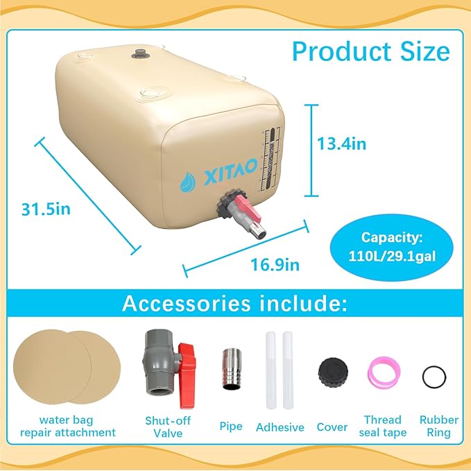 XITAO 29Gal/110L Water Storage Bladder w/Water Level Indicator, Large Capacity Foldable Water Storage Containers, Portable Emergency Water Tank Water Bag for RVs, Fire Prevention, Irrigation