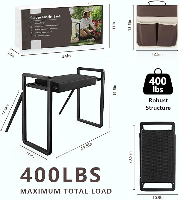 Garden Kneeler and Seat Heavy Duty,Foldable Gardening Stool with Anti-Tipping,10" Thicken & Widen Soft Kneeling Pad,Great Gardening Gifts for Women and Men, Bench Comes with Tool Pouch,Black