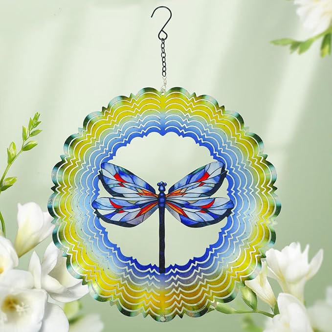 Dragonfly Metal Wind Spinners - Hanging Dragonfly Wind Spinner for Outdoor & Indoor Decorations, Dragonfly Gifts for Women Mom Grandma Wife, 12 inch 3D Wind Spinner for Ornament Gifts
