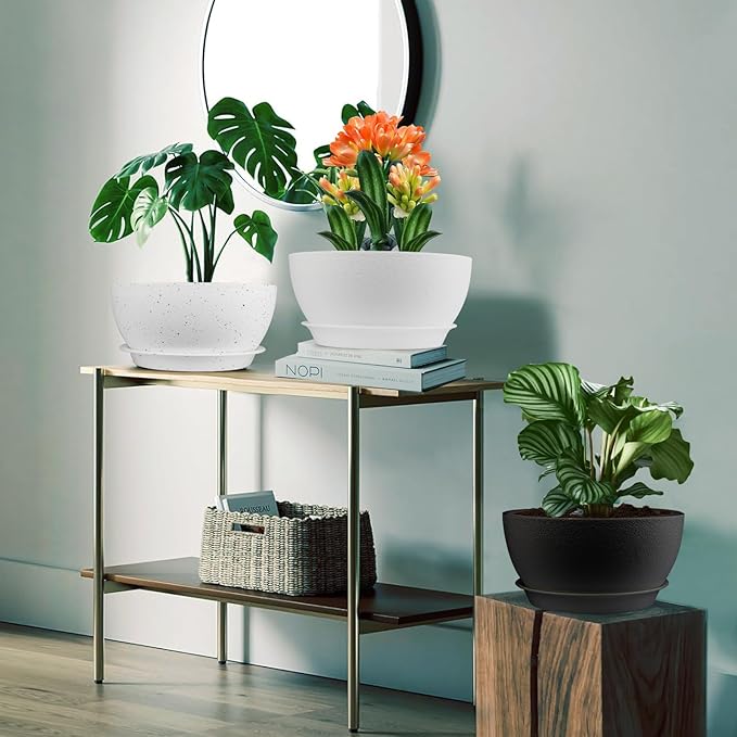 8 inch Plant Pots Pack of 2, Plastic Planter with Drainage Holes and Saucers, Plant pots for Indoor Outdoor Use, Flower Pots for All House Plants (Black)