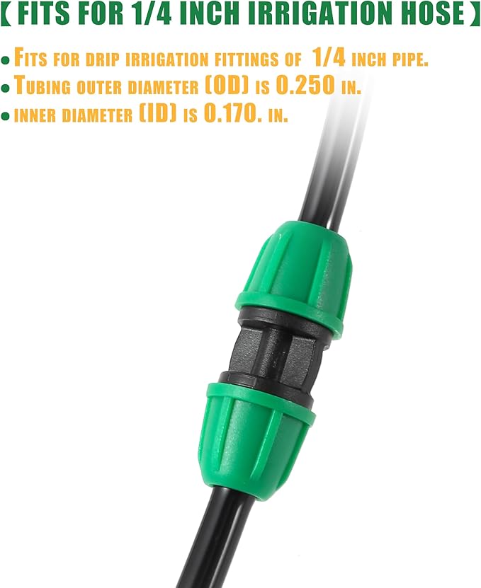 1/4 inch Drip Irrigation Fittings, Lock Barbed Coupling for ¼ in. tubing; Tubing Outside Diameter (OD) is 0.250 in., Internal Diameter (ID) is 0.170. in.(25Pcs/Pack) (Green-Coupling)