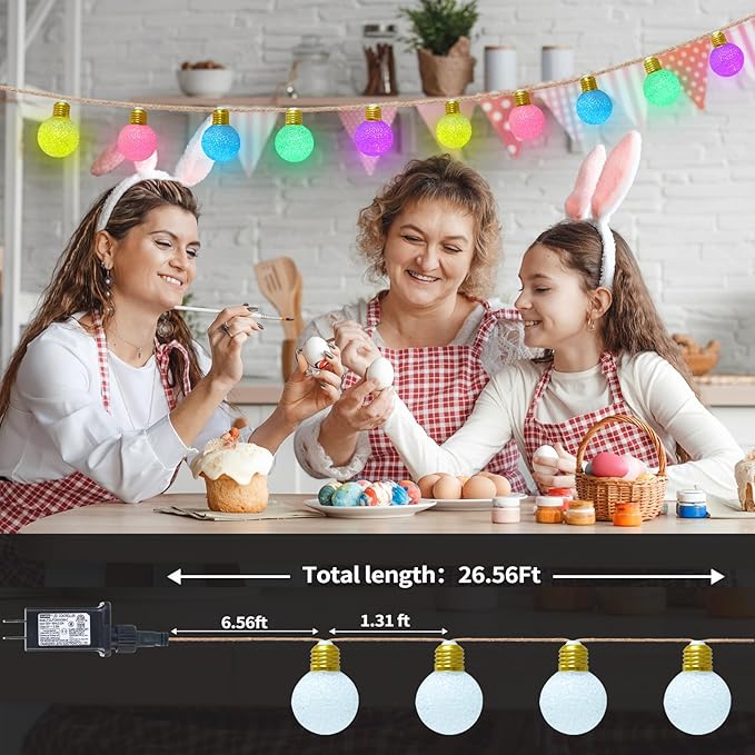 Toodour Easter Pastel Lights, 26Ft 16 LED Indoor String Lights with 8 Modes, Vintage Rope Hemp Globe String Lights for Home, Holiday, Indoor Outdoor Easter Decor