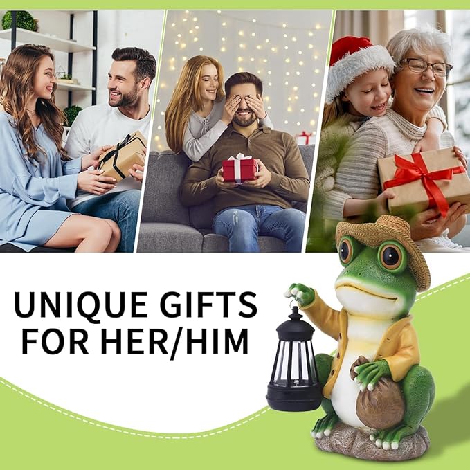 Solar Garden Outdoor Frog Statue 10 inches Tall - with Handheld Lanterns - Detachable - Patio, Balcony, Shelf, Tabletop, Lawn Decoration - Unique Housewarming, Birthday, Thanksgiving, Mom Gifts