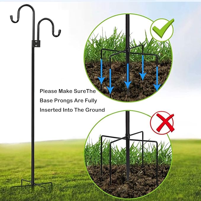 Double Shepherds Hooks For Outdoor 76 Inch, Heavy Duty Metal Bird Feeder Pole Stand With 5 Base Prongs, 28.5 To 76 Inch Adjustable Garden Holder For Hanging Plant, Wind Chimes, Wedding Garden Etc