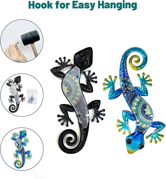 HONGLAND Metal Gecko Wall Art 2Pcs Outdoor Wall Decor Lizard Metal Hanging Wall Decoration Glass Sculpture for Garden Yard Patio Fence Home (Blue)