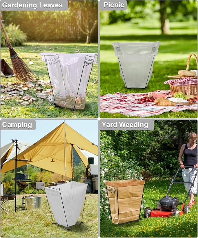 Outdoor Garden Trash Bag Holder Frame - Leaf Bag Support Stand Multi-Use Metal Garbage Bag Holder Holds 30-45 Gallons Bag for Camping Leaves, Gardening Party, Yard Weeding (Matte Black)