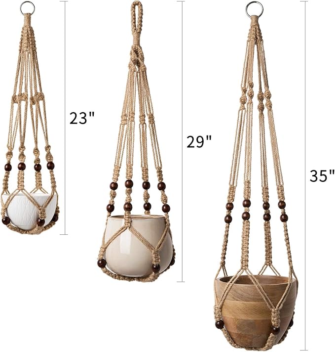 Mkono 3 Pack Macrame Plant Hangers Indoor Different Size Hanging Planter Basket Flower Pot Holder with Beads No Tassels 35"/29"/23", Medium, Brown