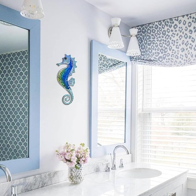 LIFFY Large Metal and Glass Seahorse Wall Decor, Sea Life Decor, Metal Fish Wall Decor, Ocean Beach Theme Wall Art for Bathroom Home Pool Gift Idea