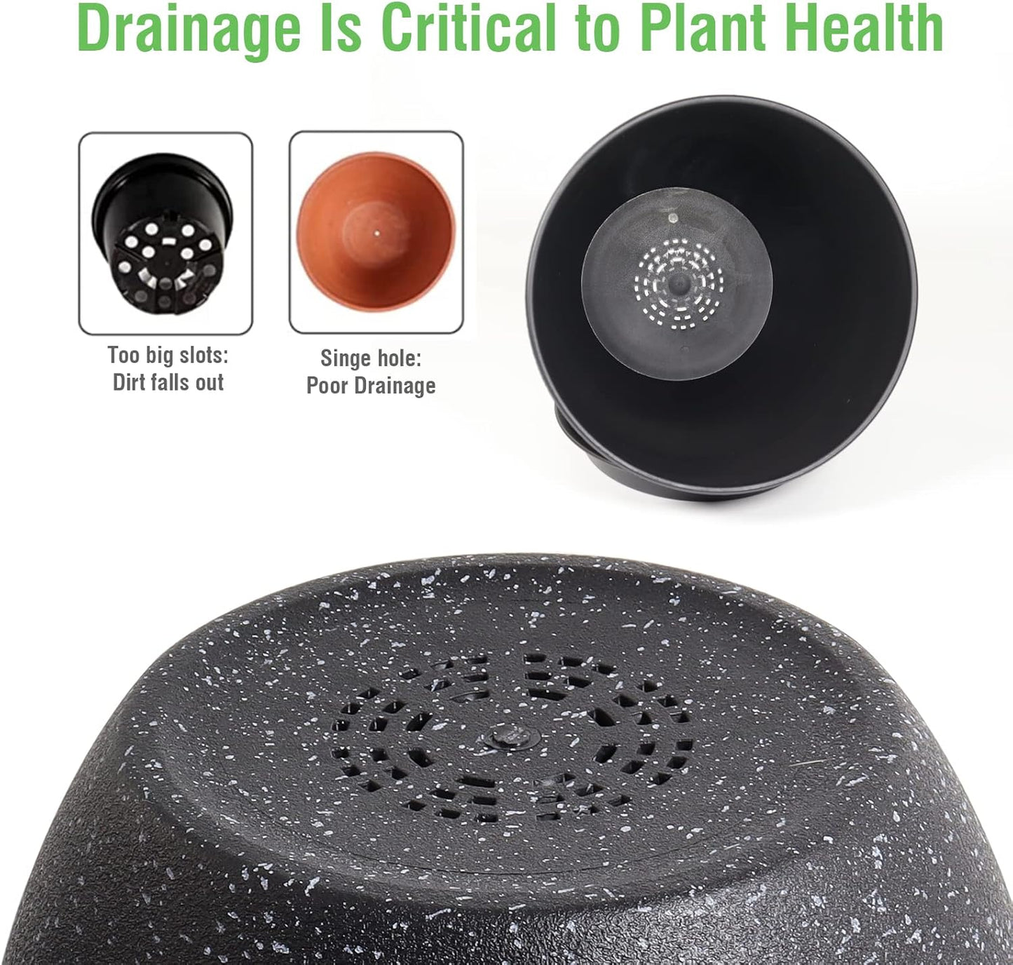 Modern Plant Pots Set, 9/8/7.5 inch Plastic Planters for Indoor Plants, Stylish Flower Pots with Drainage Holes and Saucers for House Plants and Flowers, Black Speckles