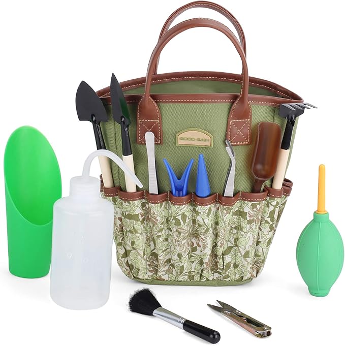 G GOOD GAIN Garden Succulent Kit with Organizer Bag, Indoor Mini Hand Gardening Tool Set, 14 Pieces Tools for Bonsai Planter Miniature Fairy Planting Care(Honeysuck)