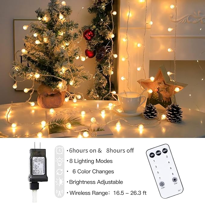 Globe String Lights 65.6 Feet 150 LED, Plug in Crystal Fairy String Lights with Remote Timer, 11 Modes Indoor Outdoor Hanging Globe Lights for Wedding Bedroom Classroom Patio Garden