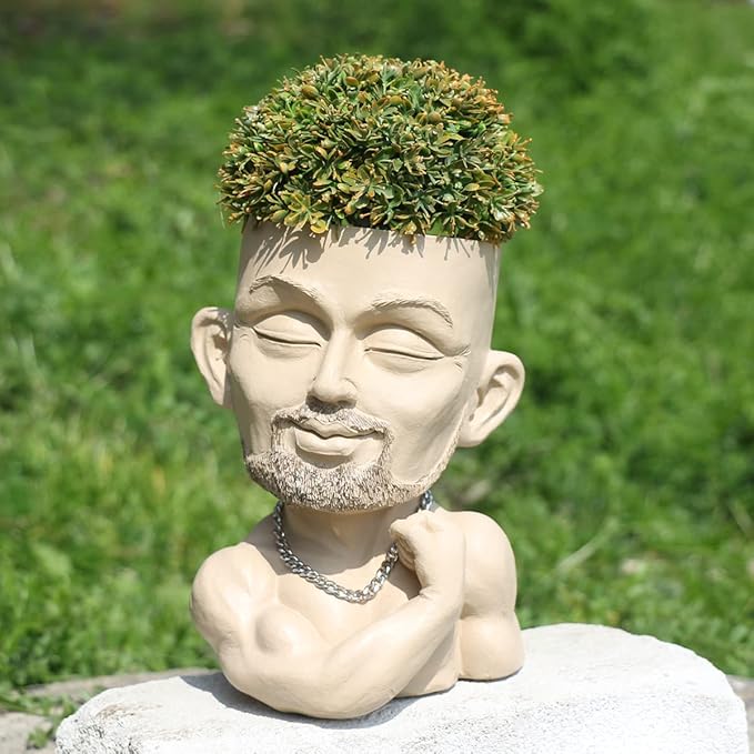 Beefcake Face Planter Pots Head Planter Man Face Planters Pot Head Face Flower Pot Head Planter with Drainage Hole Mscular Man(Khaki)