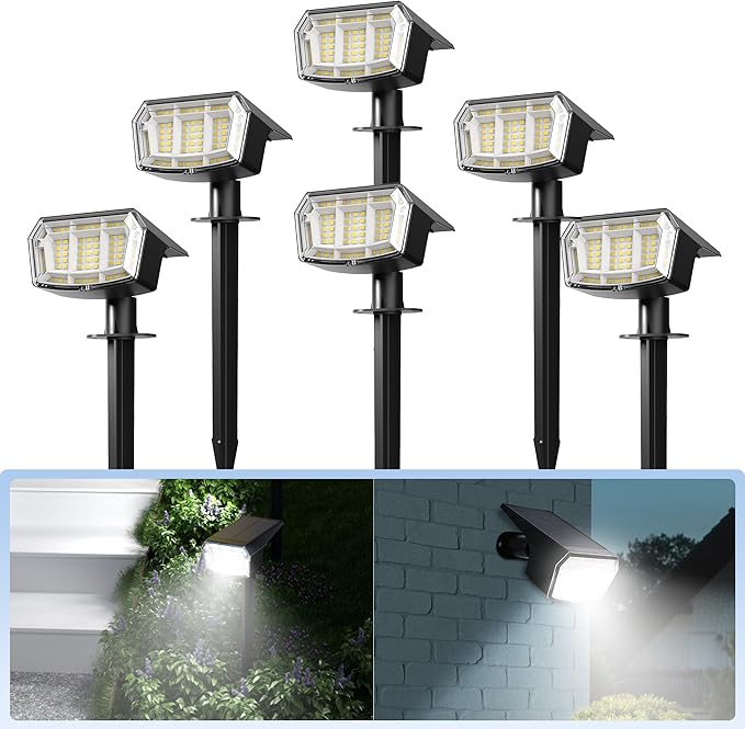Solar Spot Lights Outdoor Waterproof 6 Pack IP65, 63 LED 3 Lighting Modes Spotlights for Yard Garden House Garage Pathway