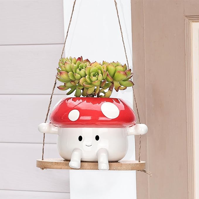 Fungi Fun Mushroom Swing Face Planter Pot, Hanging Ceramic Flower Head Planters for Indoor Outdoor Plants, Succulent Pots for String of Pearls Plant, Live Gift Ideas