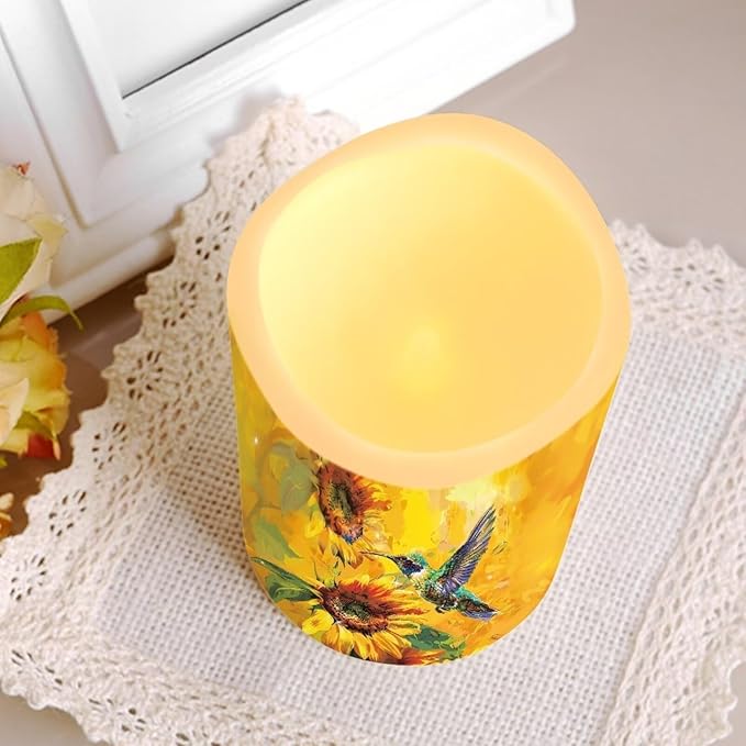 Ystardream Flameless Candle Valentine Candles Hummingbird Unity Candles for Wedding Ceremony Set with Remote and Timer Battery Operated Realistic LED Window Candles Dinner Wedding Sunflower Print