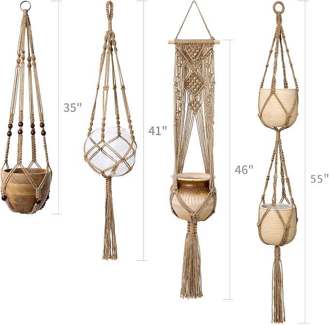 Mkono Macrame Plant Hangers Set of 4 Indoor Hanging Planter Basket Wall Decorative Flower Pot Holder with 4 Hooks for Indoor Outdoor Home Decor Gift Box, Brown