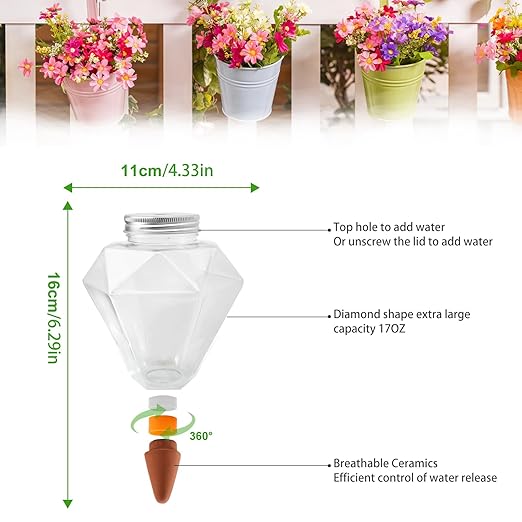 Watering Globes XL - 6 Pcs Diamond Plastic Shape Plant Watering Globes Self Watering Planter Insert 17oz Large for Indoor&Outdoor Plants Watering Bulbs