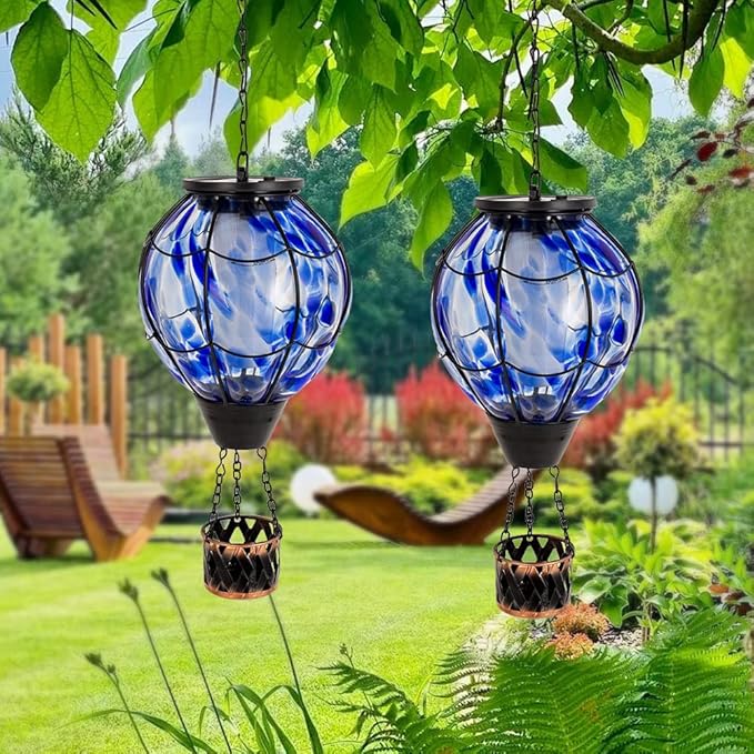 2PCS Solar Hot Air Balloon Lantern with Flickering Flame,Blue Glass Hot Air Balloon Solar Lanterns Outdoor Waterproof Hanging Decorative Light for Patio Porch Yard,Garden Gifts for Women