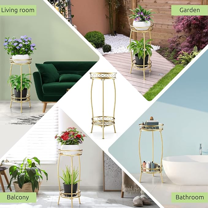 H HOMEXIN Plant Stand Indoor Outdoor, 2 Tier Tall Metal Plant stand 27 " Plant Holder Rack Heavy Duty Rustproof Decorative Plant Shelf for Corner Garden Balcony Patio Lawn office