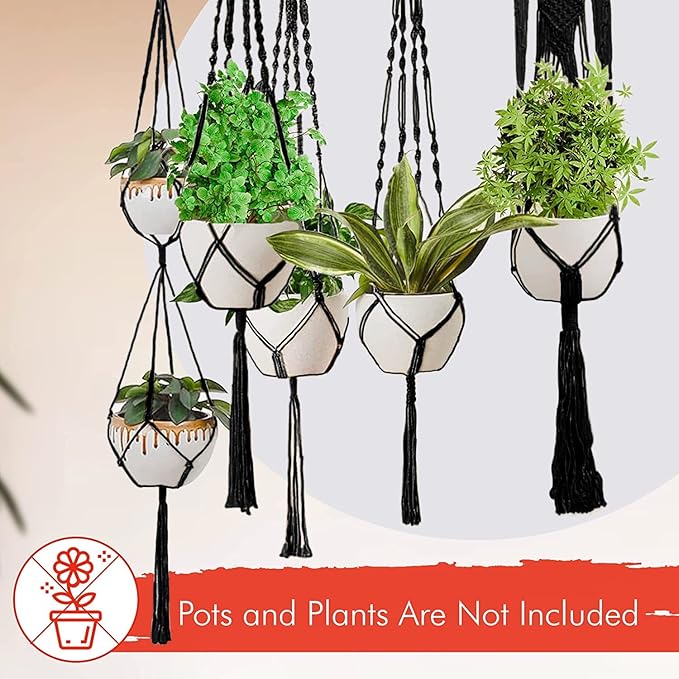 Macrame Plant Hangers - 6 Pack, Black, Indoor/Outdoor, Cotton